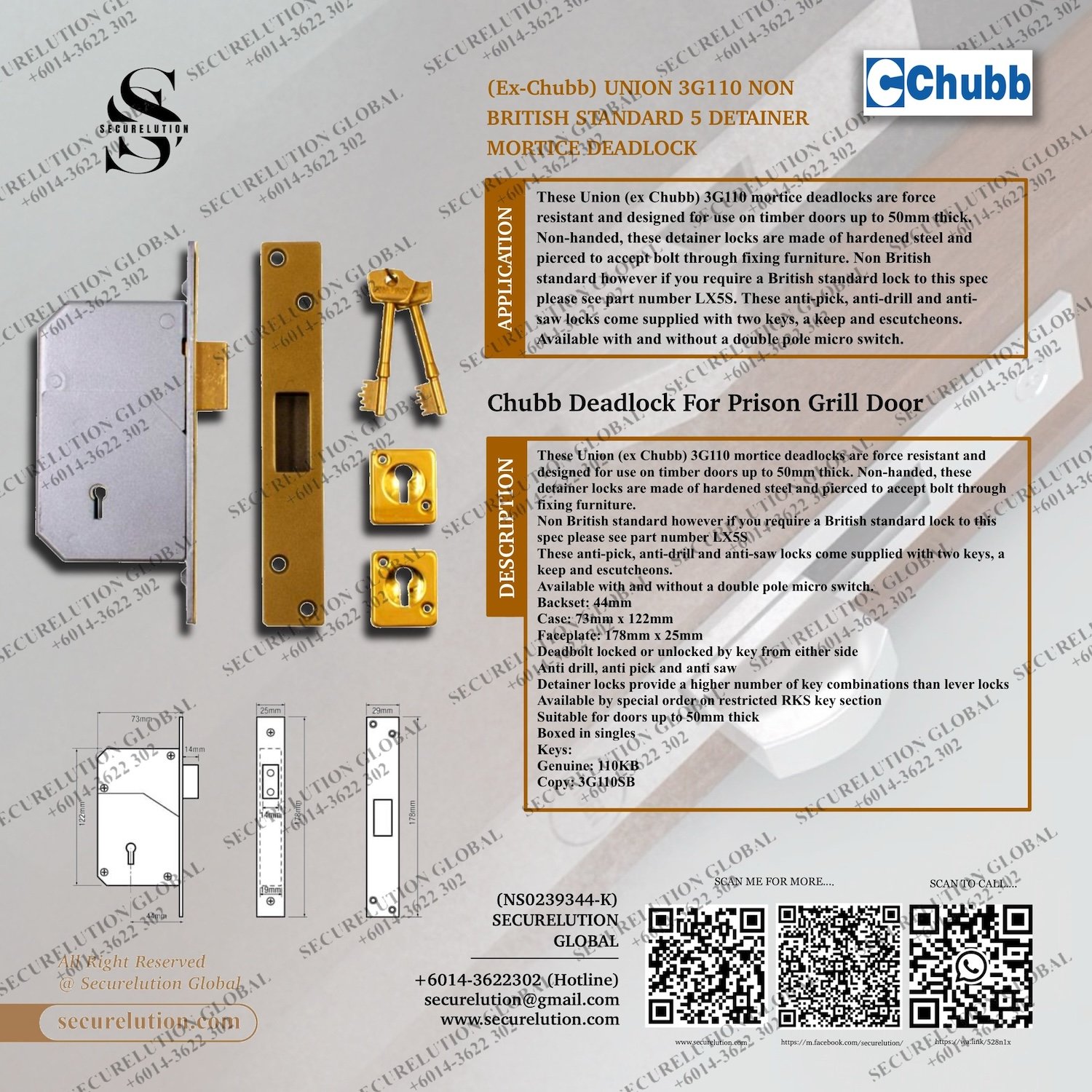 (EX CHUBB) UNION 3G114 NON BRITISH STANDARD 5 LEVER MORTICE DEADLOCK