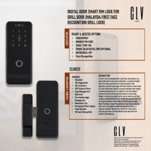 CLV025 Digital Door Smart Rim Lock for Grill Door (Malaysia First Face Recognition Grill Lock)