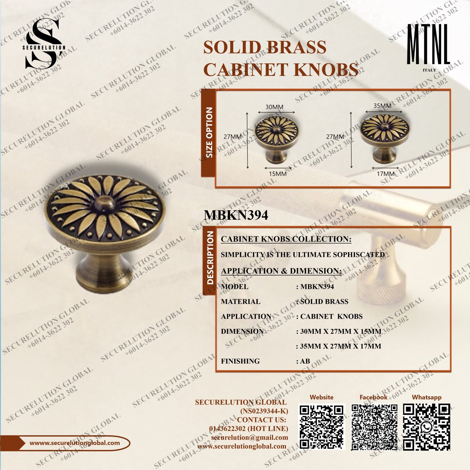 SOLID BRASS CABINET KNOBS