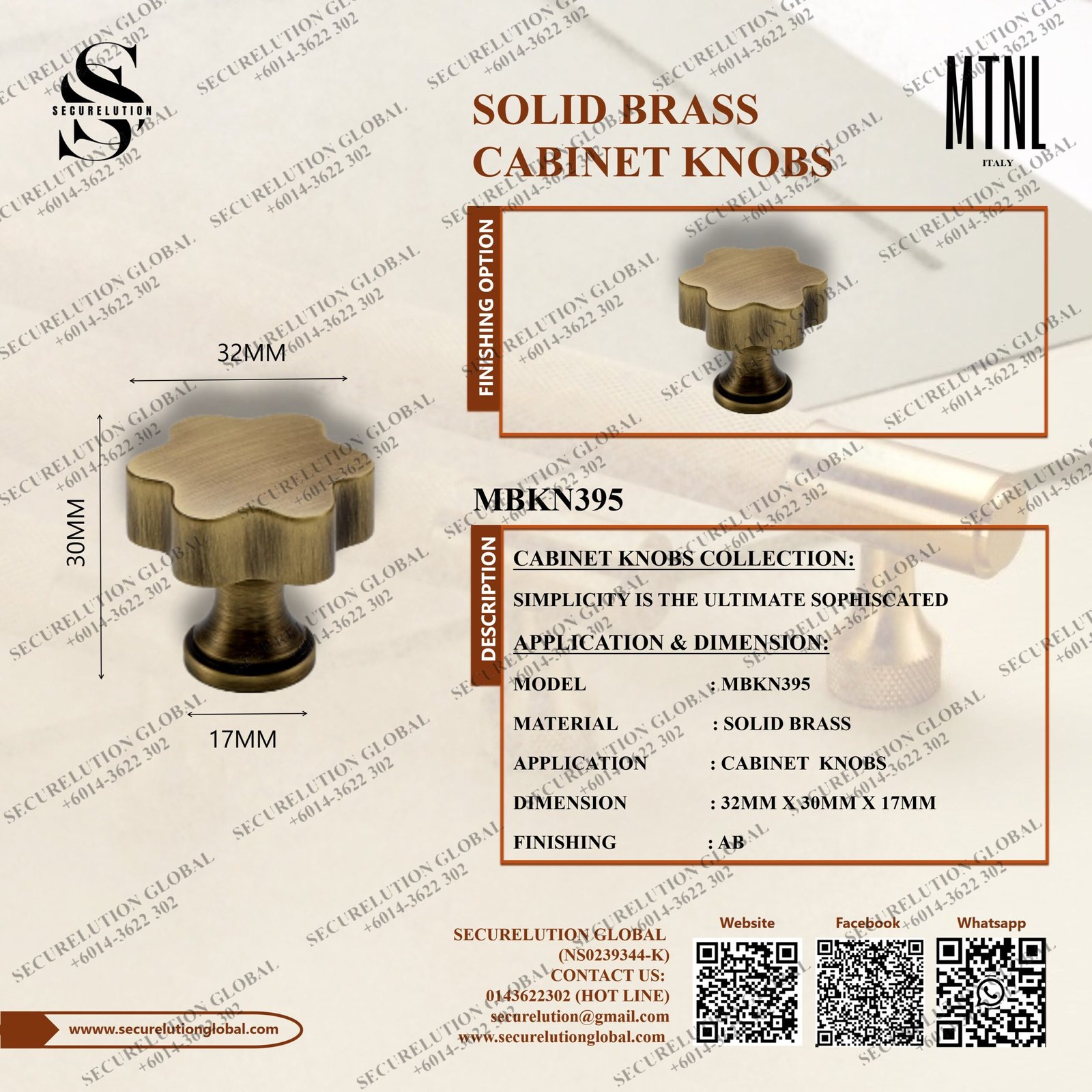 SOLID BRASS CABINET KNOBS