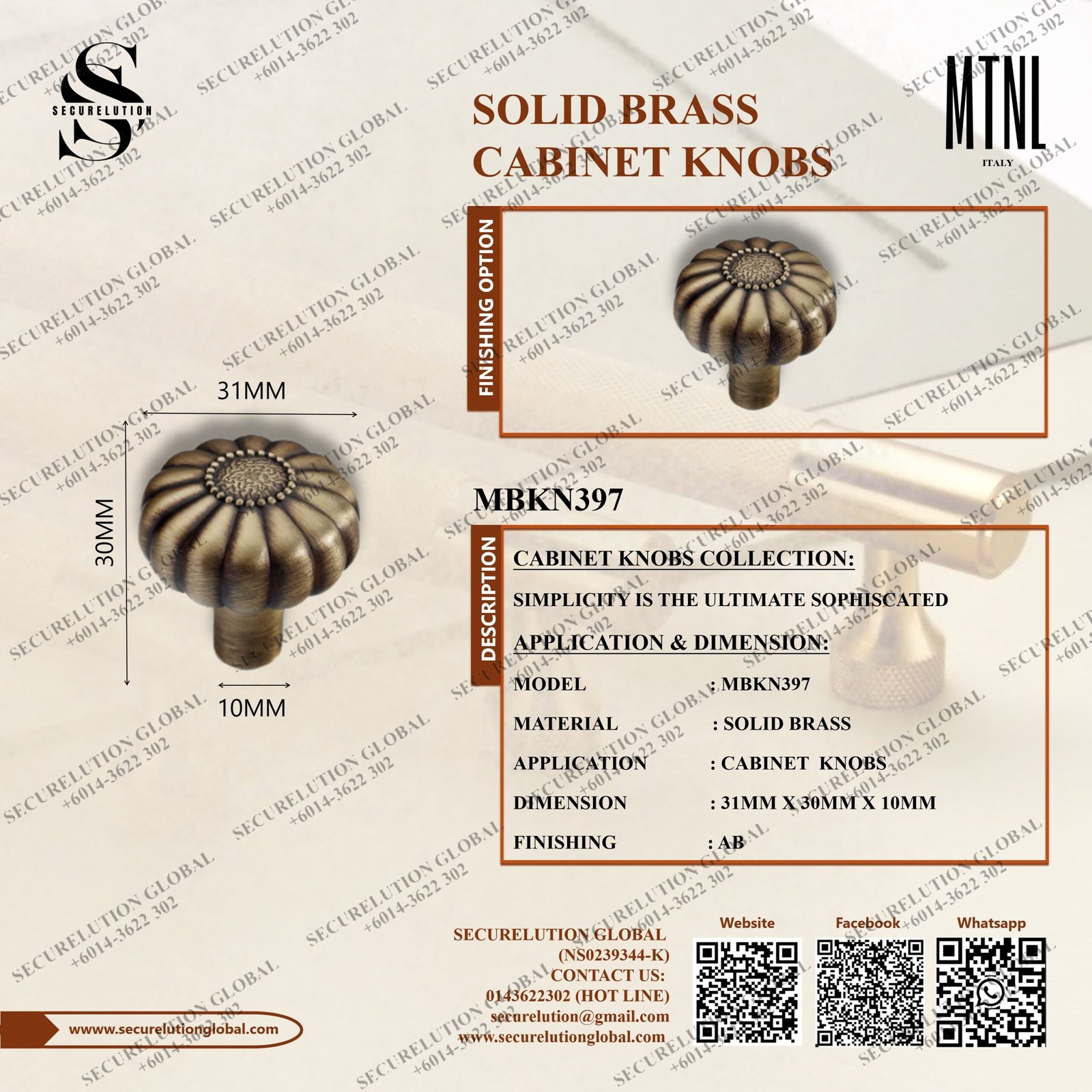 SOLID BRASS CABINET KNOBS