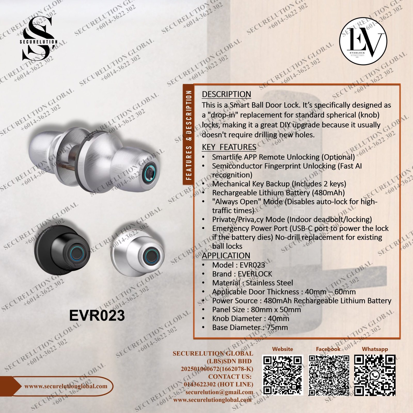 Smart Ball Door Lock (Model Q5) EVR023 - Image 2