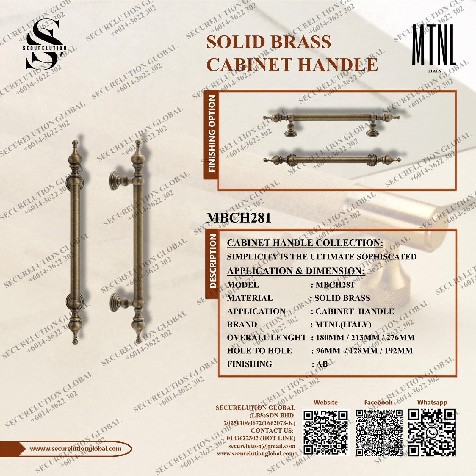SOLID BRASS CABINET HANDLE