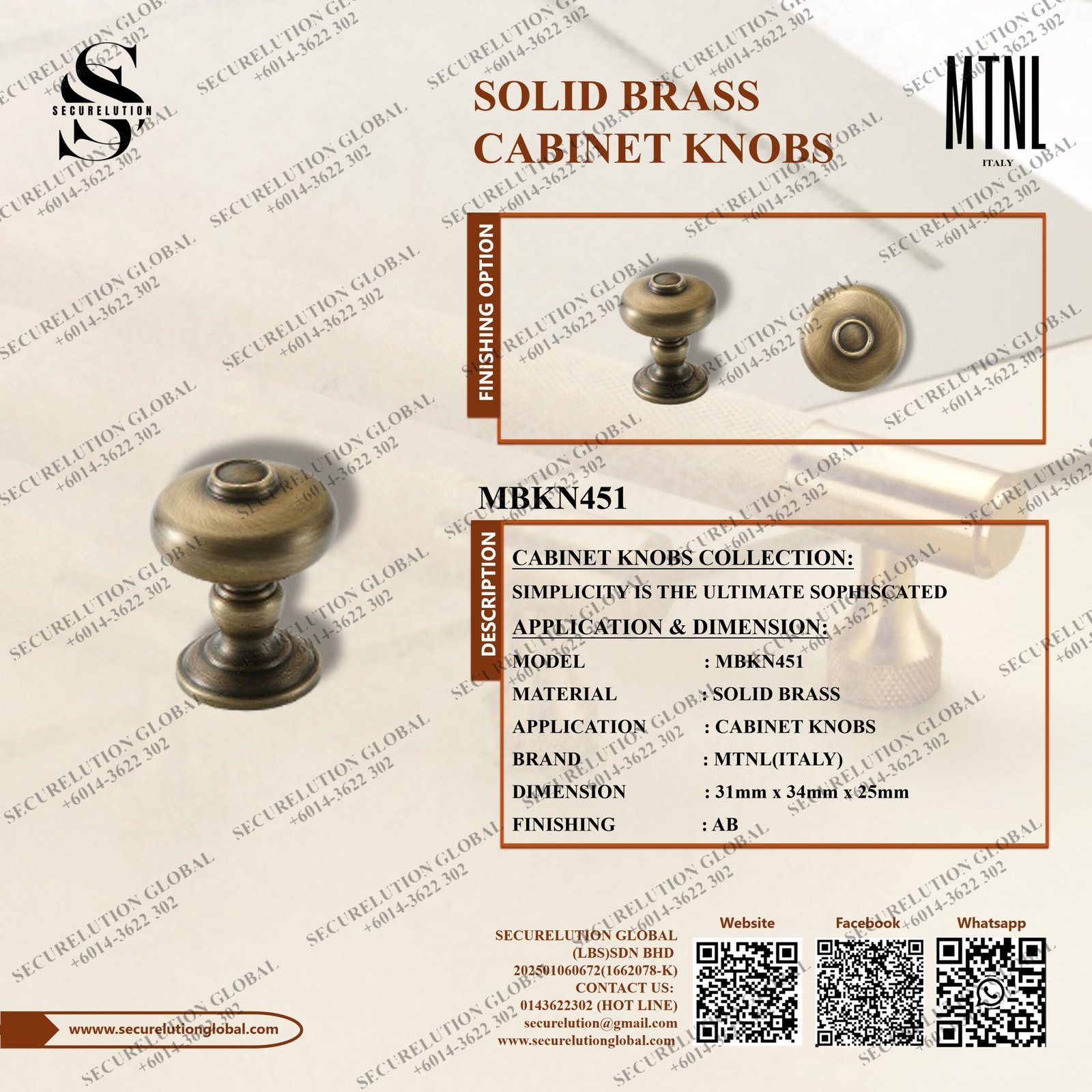 SOLID BRASS CABINET KNOBS